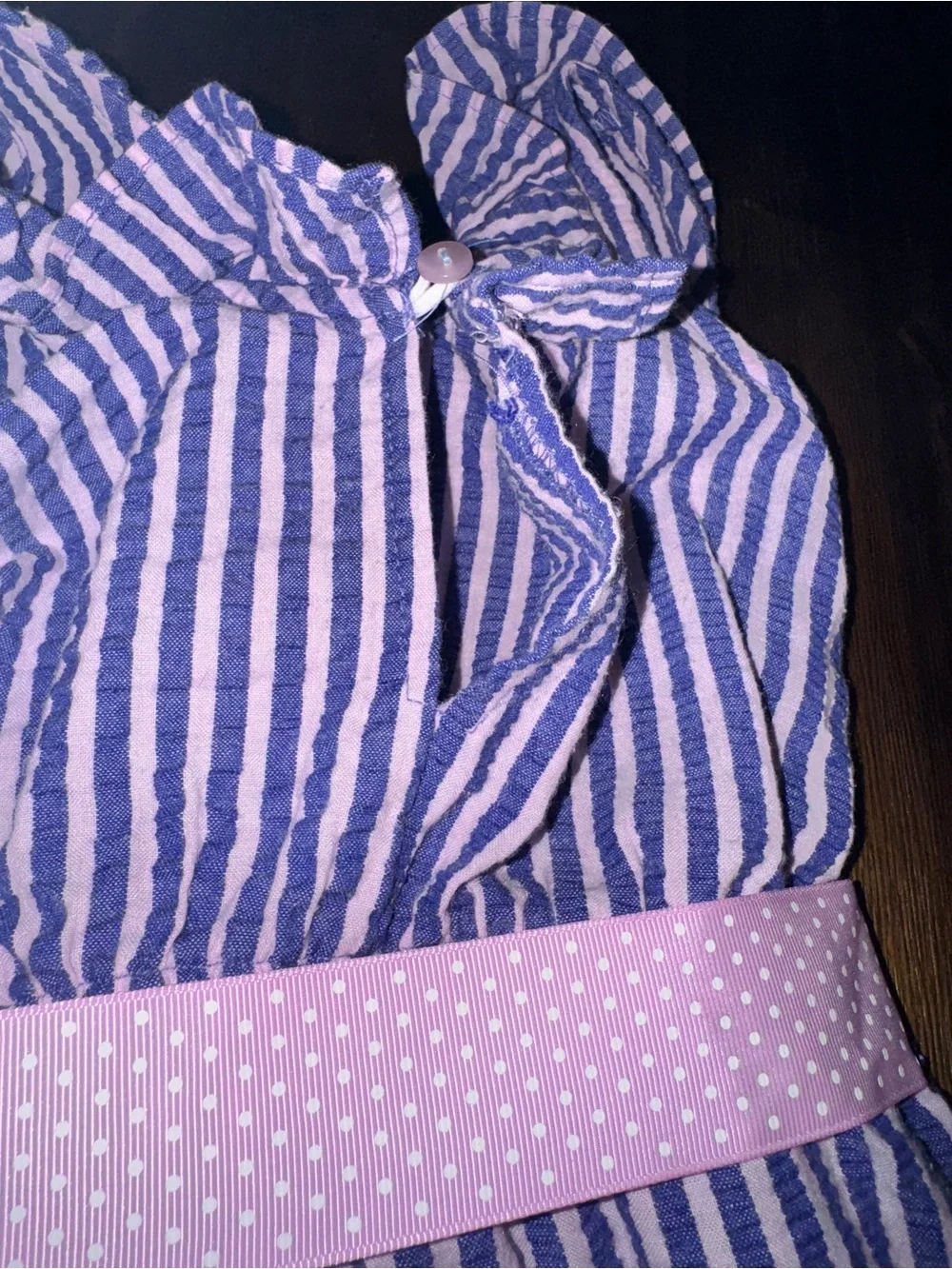 Bonnie Jean Blue Stripe Sleeveless Skort Romper with Pink Bow Belt - Size 6